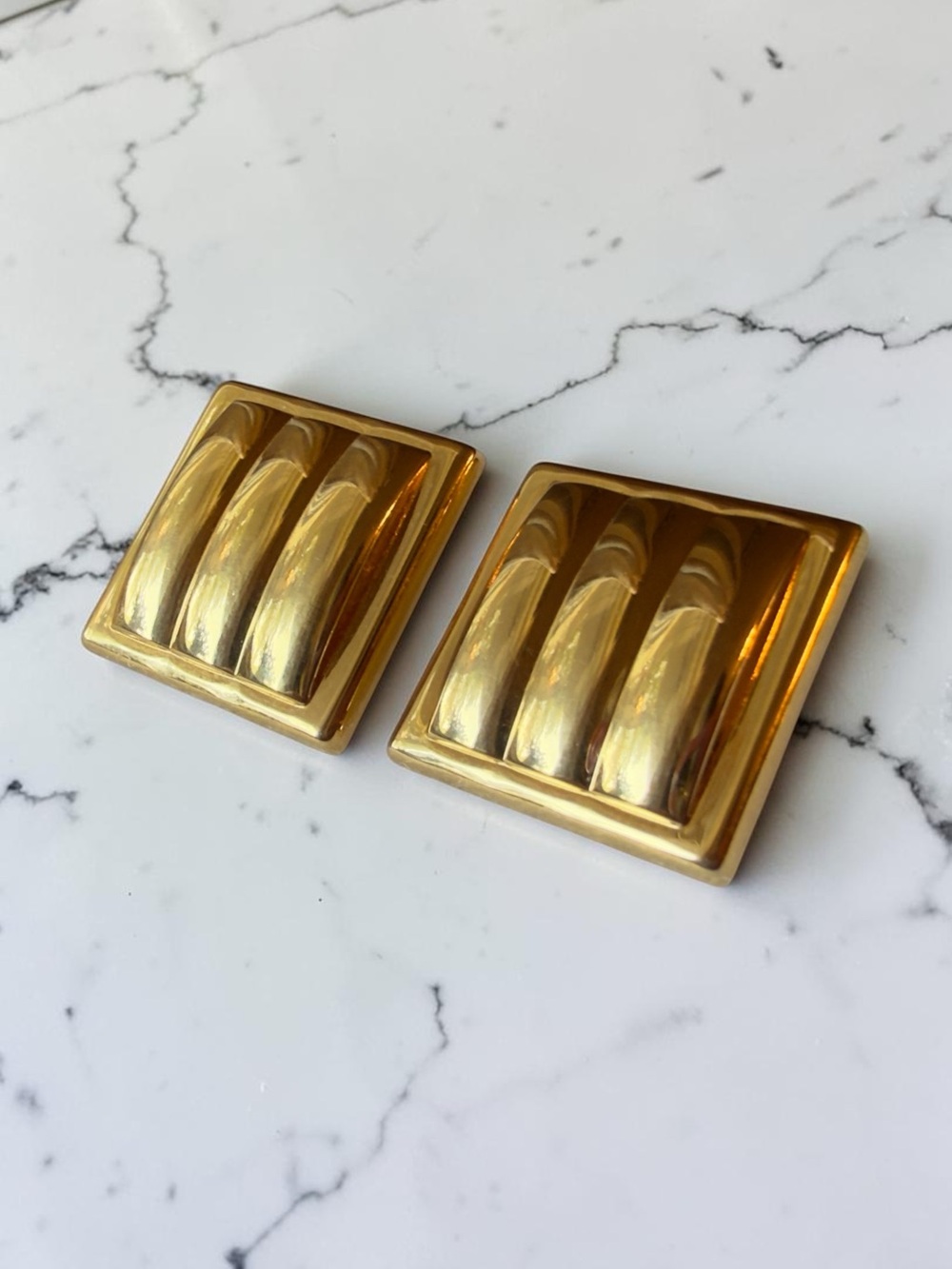Vintage Monet Gold Tone Ribbed Square Statement Earrings